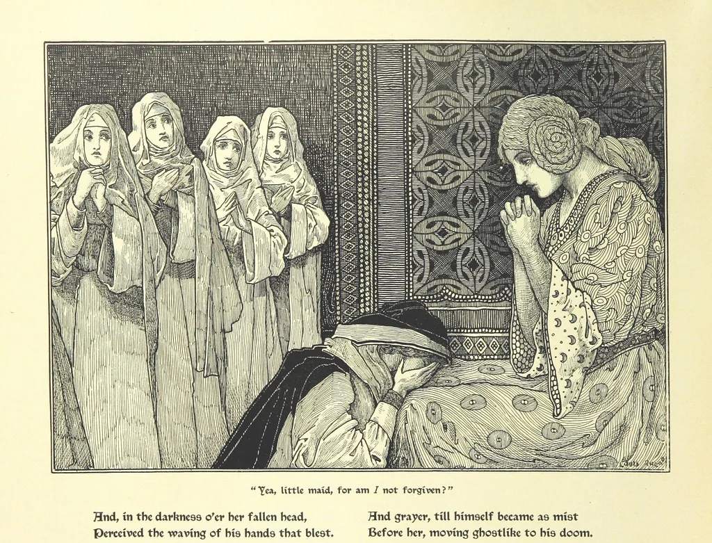 An illustration from Idylls of the King. Vivien. Elaine. Enid. Guinevere ... With ... decorations by G. W. Rhead and L. Rhead, 1898, leaf 110