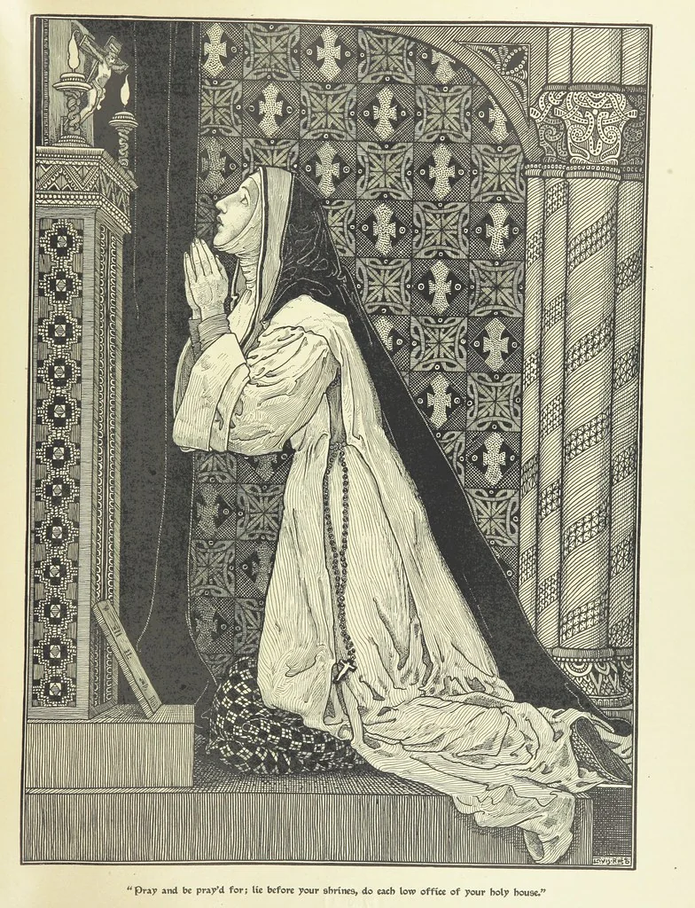 An illustration from Idylls of the King. Vivien. Elaine. Enid. Guinevere ... With ... decorations by G. W. Rhead and L. Rhead, 1898, leaf 111