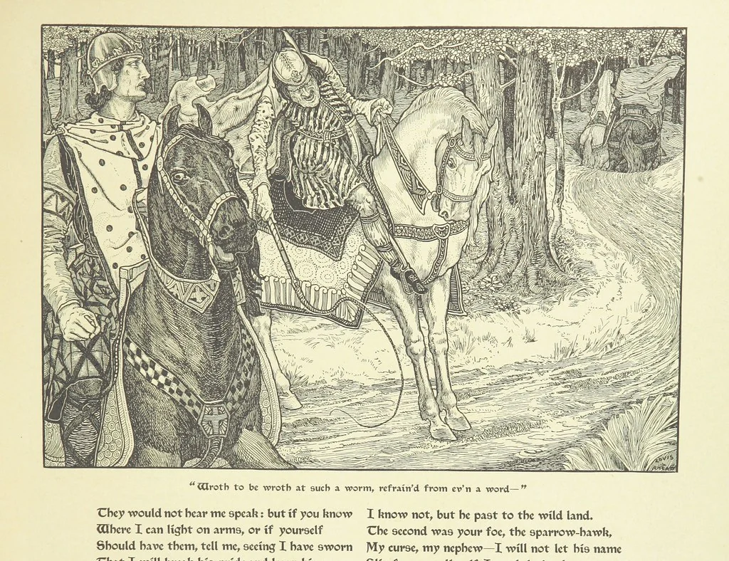 An illustration from Idylls of the King. Vivien. Elaine. Enid. Guinevere ... With ... decorations by G. W. Rhead and L. Rhead, 1898, leaf 21