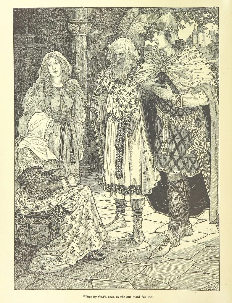 An illustration from Idylls of the King. Vivien. Elaine. Enid. Guinevere ... With ... decorations by G. W. Rhead and L. Rhead, 1898, leaf 24