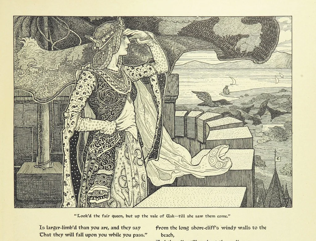 An illustration from Idylls of the King. Vivien. Elaine. Enid. Guinevere ... With ... decorations by G. W. Rhead and L. Rhead, 1898, leaf 31