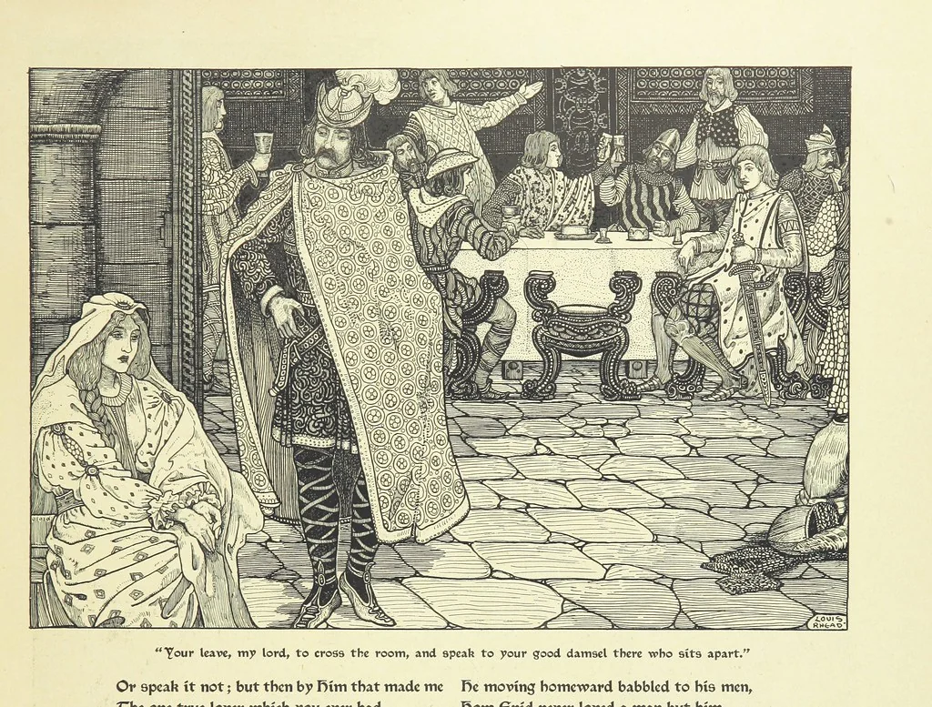 An illustration from Idylls of the King. Vivien. Elaine. Enid. Guinevere ... With ... decorations by G. W. Rhead and L. Rhead, 1898, leaf 35