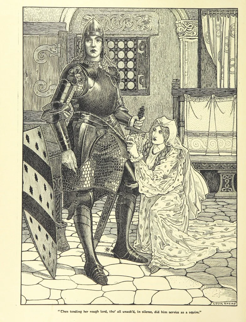 An illustration from Idylls of the King. Vivien. Elaine. Enid. Guinevere ... With ... decorations by G. W. Rhead and L. Rhead, 1898, leaf 36