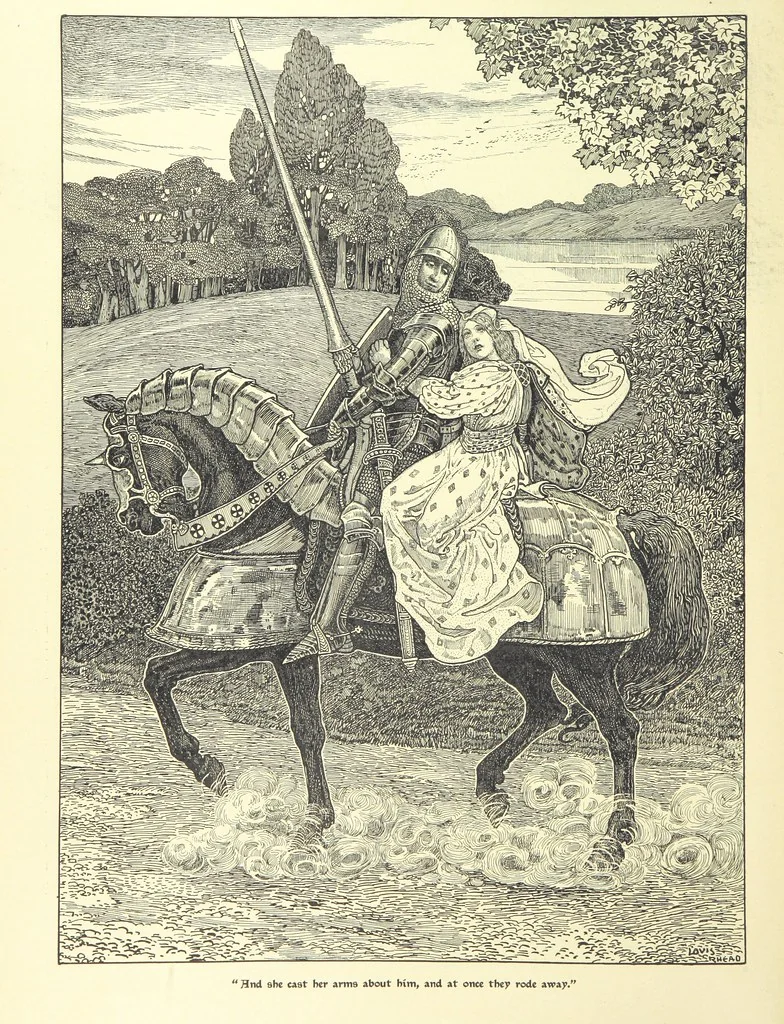 An illustration from Idylls of the King. Vivien. Elaine. Enid. Guinevere ... With ... decorations by G. W. Rhead and L. Rhead, 1898, leaf 42