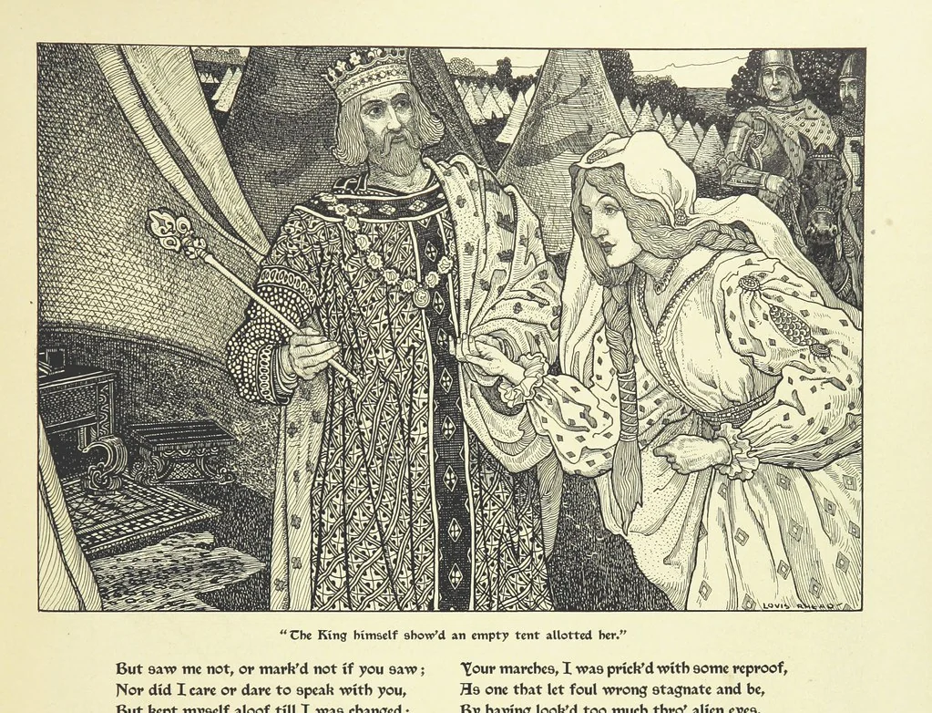 An illustration from Idylls of the King. Vivien. Elaine. Enid. Guinevere ... With ... decorations by G. W. Rhead and L. Rhead, 1898, leaf 45