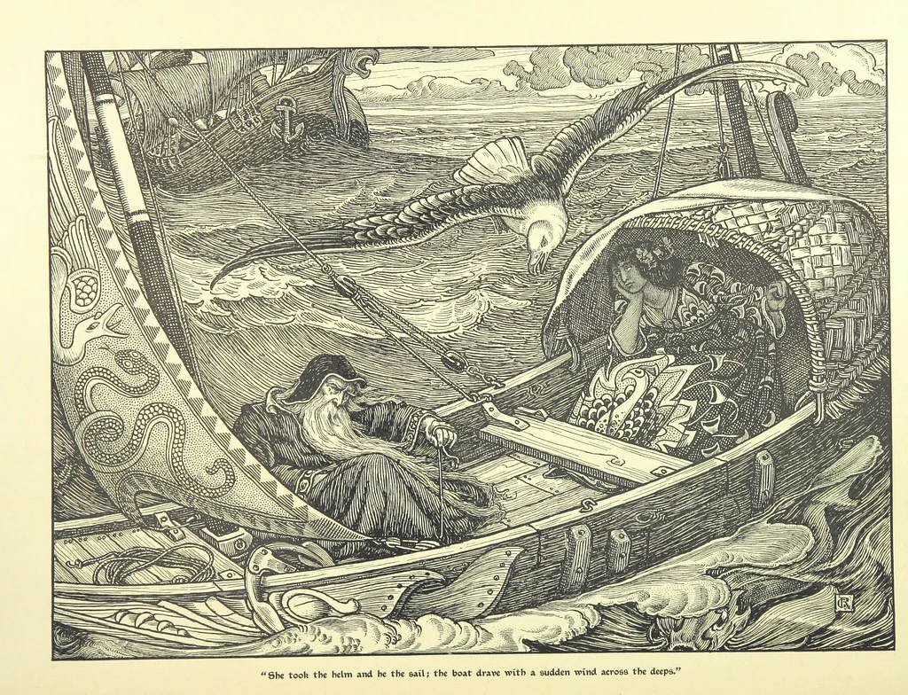 An illustration from Idylls of the King. Vivien. Elaine. Enid. Guinevere ... With ... decorations by G. W. Rhead and L. Rhead, 1898, leaf 52