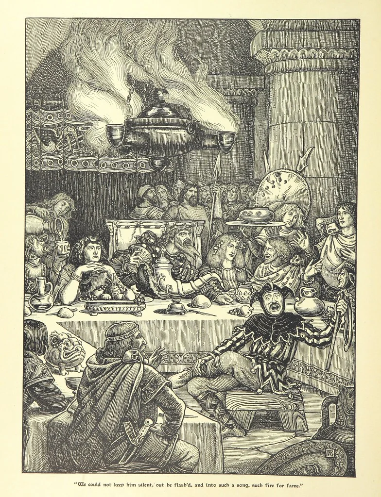 An illustration from Idylls of the King. Vivien. Elaine. Enid. Guinevere ... With ... decorations by G. W. Rhead and L. Rhead, 1898, leaf 56