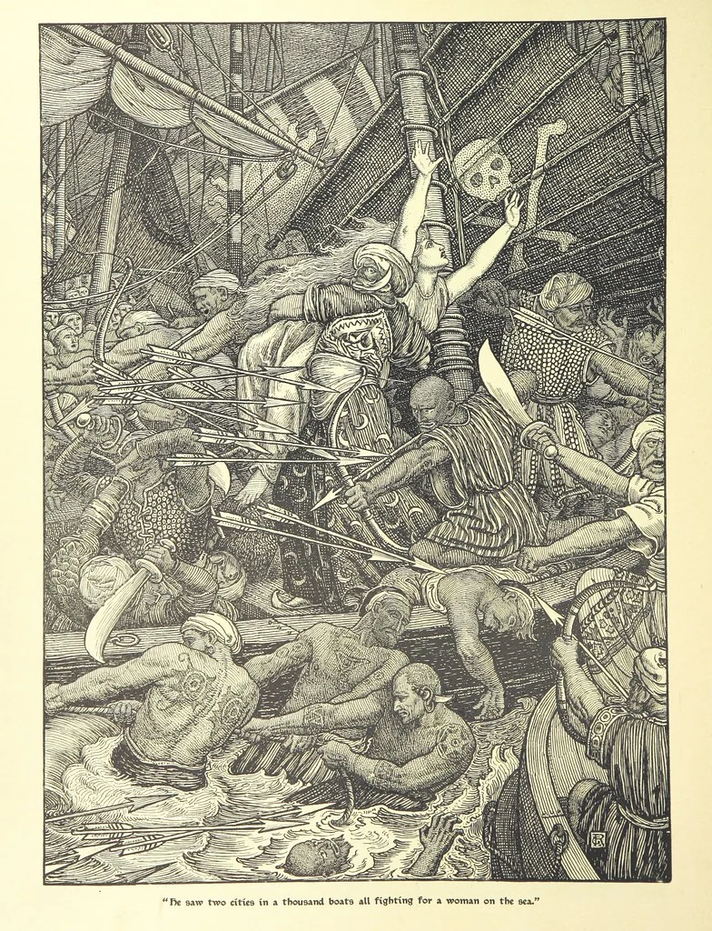 An illustration from Idylls of the King. Vivien. Elaine. Enid. Guinevere ... With ... decorations by G. W. Rhead and L. Rhead, 1898, leaf 58