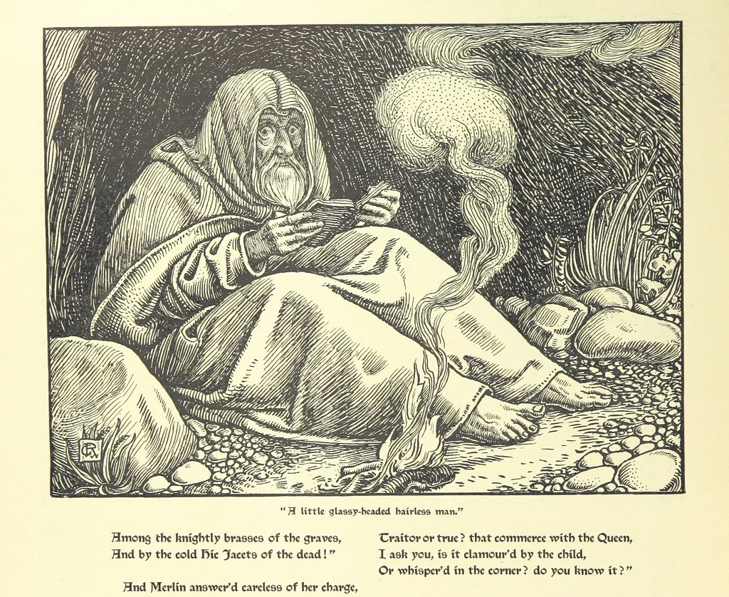 An illustration from Idylls of the King. Vivien. Elaine. Enid. Guinevere ... With ... decorations by G. W. Rhead and L. Rhead, 1898, leaf 60