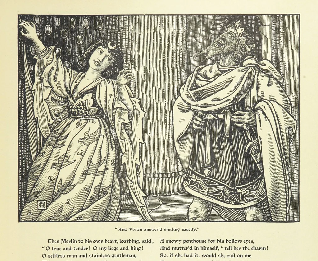 An illustration from Idylls of the King. Vivien. Elaine. Enid. Guinevere ... With ... decorations by G. W. Rhead and L. Rhead, 1898, leaf 61