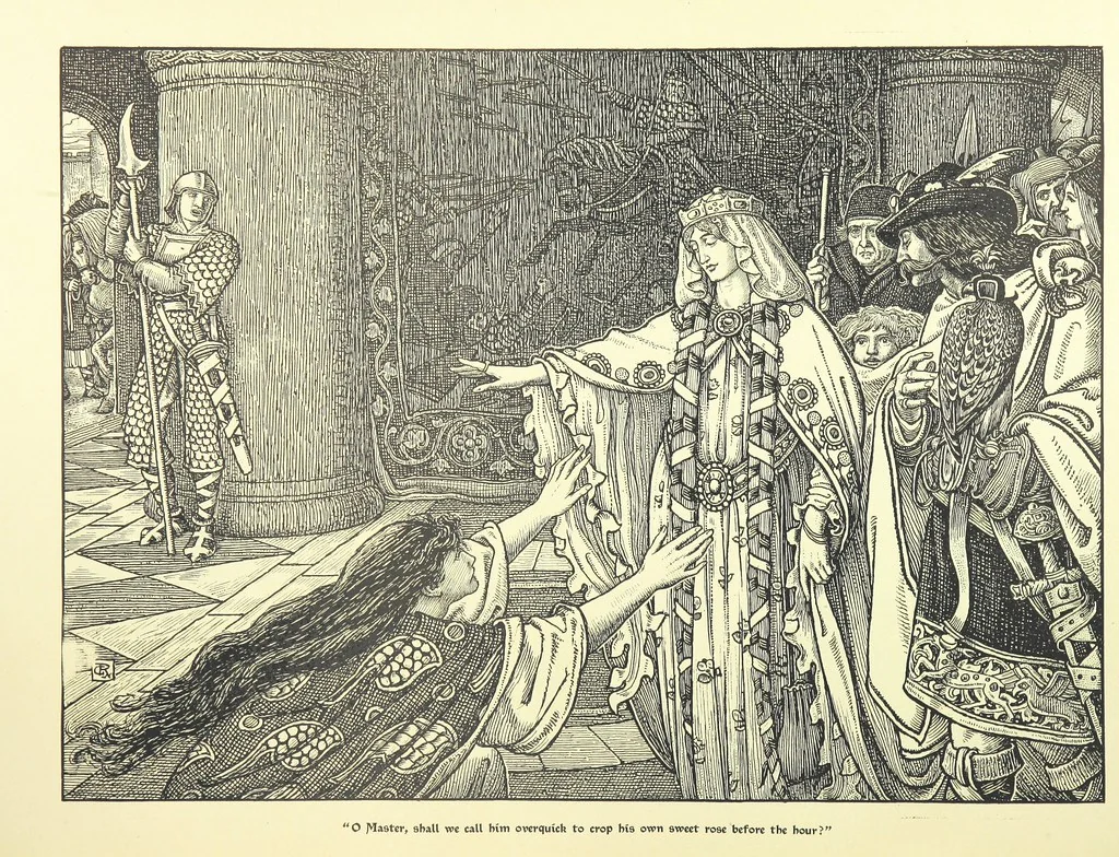An illustration from Idylls of the King. Vivien. Elaine. Enid. Guinevere ... With ... decorations by G. W. Rhead and L. Rhead, 1898, leaf 62