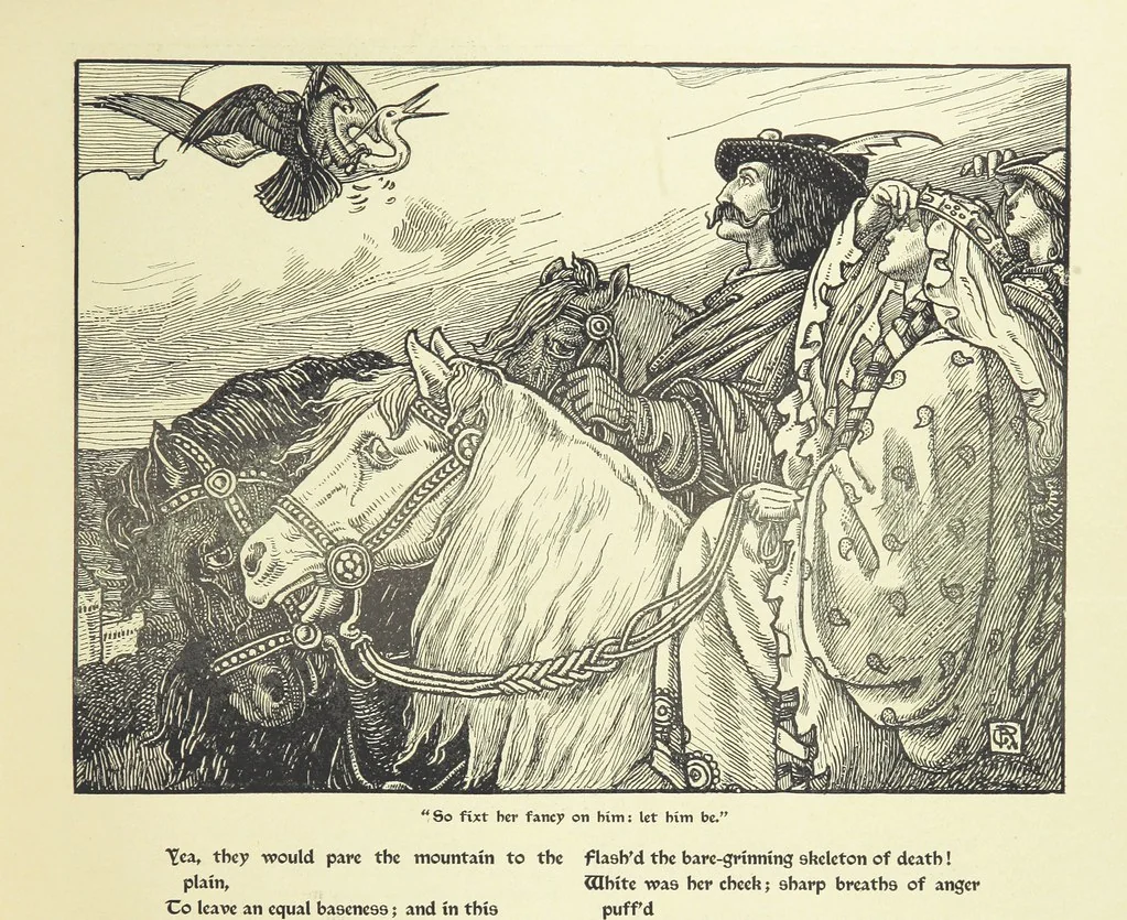 An illustration from Idylls of the King. Vivien. Elaine. Enid. Guinevere ... With ... decorations by G. W. Rhead and L. Rhead, 1898, leaf 63