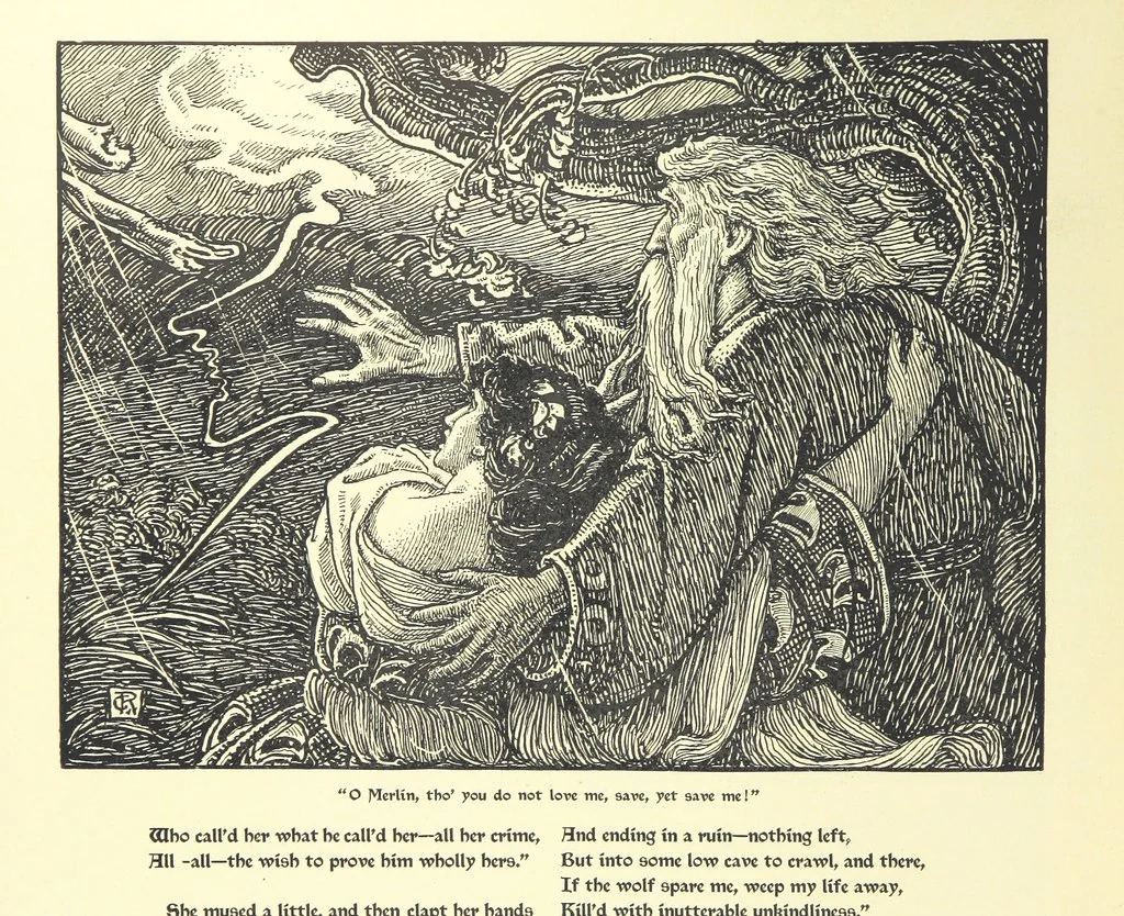 An illustration from Idylls of the King. Vivien. Elaine. Enid. Guinevere ... With ... decorations by G. W. Rhead and L. Rhead, 1898, leaf 64