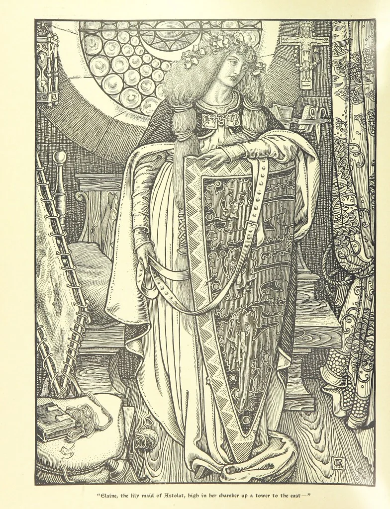 An illustration from Idylls of the King. Vivien. Elaine. Enid. Guinevere ... With ... decorations by G. W. Rhead and L. Rhead, 1898, leaf 68