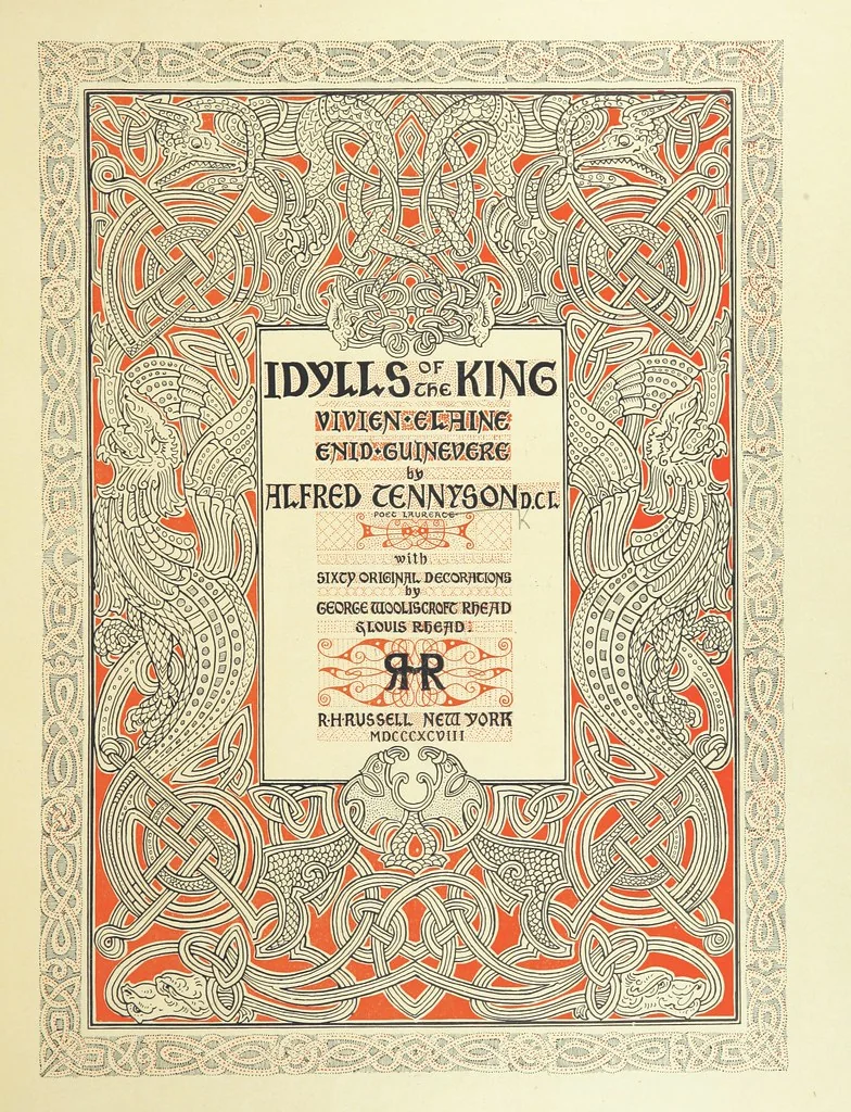 An illustration from Idylls of the King. Vivien. Elaine. Enid. Guinevere ... With ... decorations by G. W. Rhead and L. Rhead, 1898, leaf 7