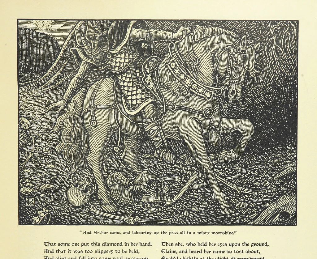 An illustration from Idylls of the King. Vivien. Elaine. Enid. Guinevere ... With ... decorations by G. W. Rhead and L. Rhead, 1898, leaf 71