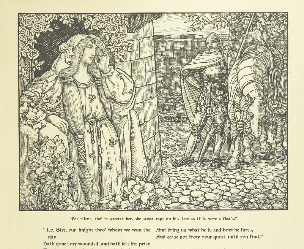 An illustration from Idylls of the King. Vivien. Elaine. Enid. Guinevere ... With ... decorations by G. W. Rhead and L. Rhead, 1898, leaf 77