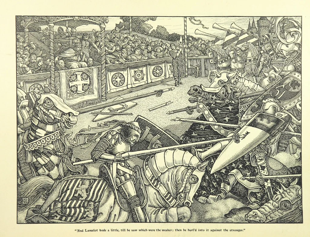 An illustration from Idylls of the King. Vivien. Elaine. Enid. Guinevere ... With ... decorations by G. W. Rhead and L. Rhead, 1898, leaf 78