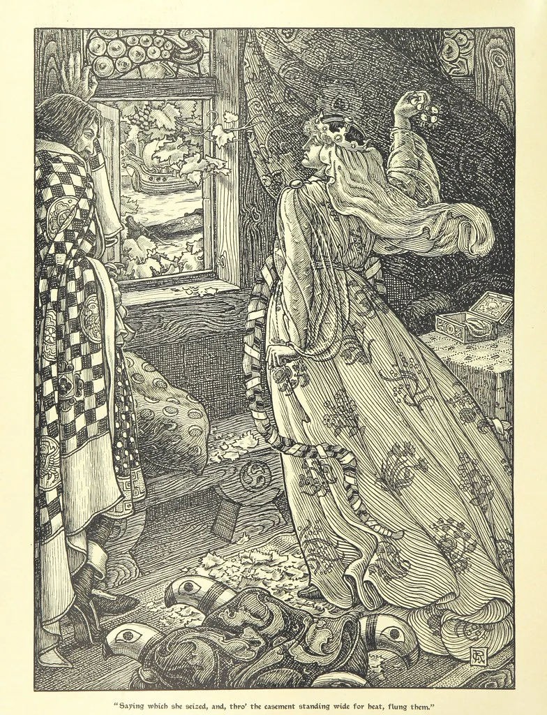 An illustration from Idylls of the King. Vivien. Elaine. Enid. Guinevere ... With ... decorations by G. W. Rhead and L. Rhead, 1898, leaf 82