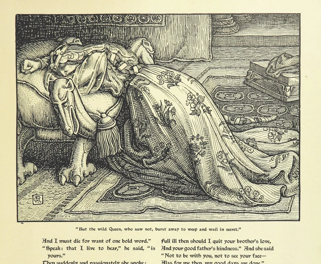 An illustration from Idylls of the King. Vivien. Elaine. Enid. Guinevere ... With ... decorations by G. W. Rhead and L. Rhead, 1898, leaf 85