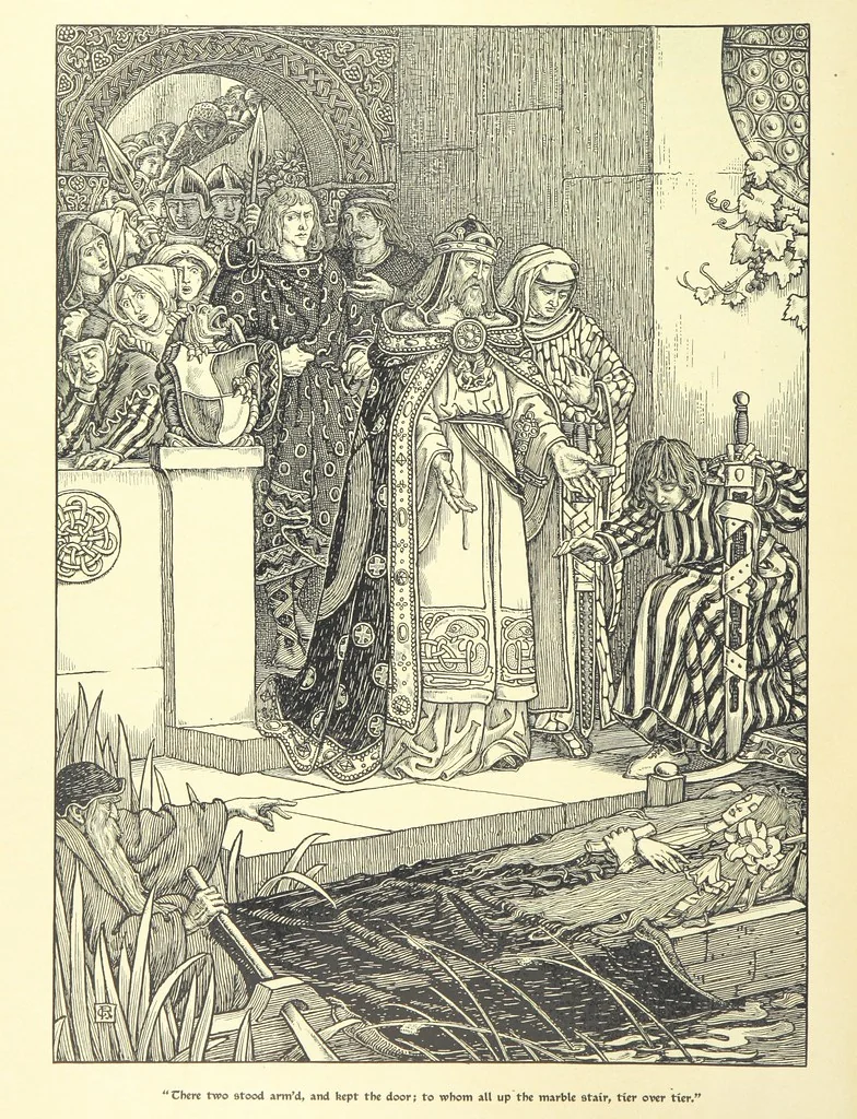 An illustration from Idylls of the King. Vivien. Elaine. Enid. Guinevere ... With ... decorations by G. W. Rhead and L. Rhead, 1898, leaf 88