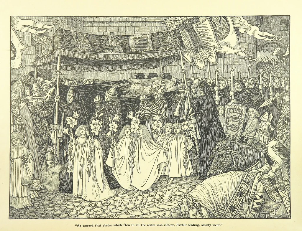 An illustration from Idylls of the King. Vivien. Elaine. Enid. Guinevere ... With ... decorations by G. W. Rhead and L. Rhead, 1898, leaf 90