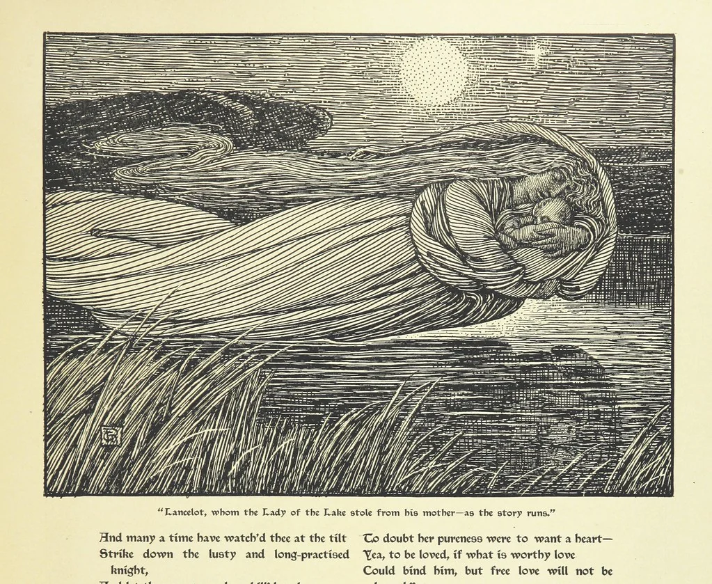 An illustration from Idylls of the King. Vivien. Elaine. Enid. Guinevere ... With ... decorations by G. W. Rhead and L. Rhead, 1898, leaf 93