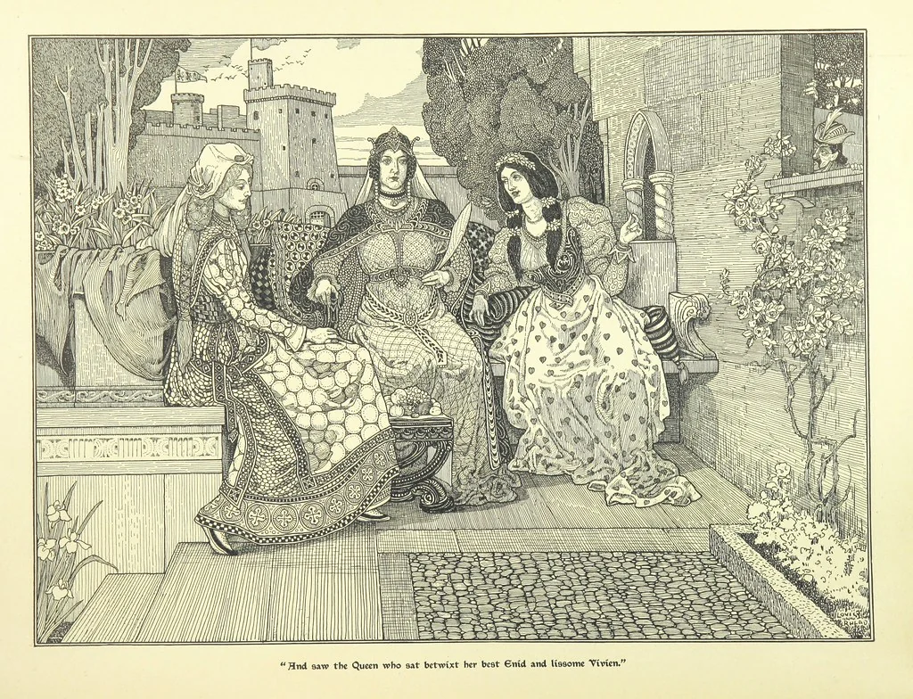 An illustration from Idylls of the King. Vivien. Elaine. Enid. Guinevere ... With ... decorations by G. W. Rhead and L. Rhead, 1898, leaf 96