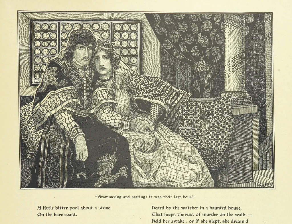 An illustration from Idylls of the King. Vivien. Elaine. Enid. Guinevere ... With ... decorations by G. W. Rhead and L. Rhead, 1898, leaf 97