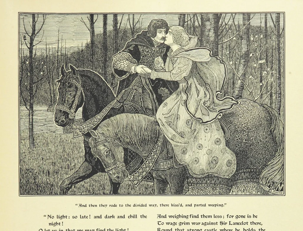 An illustration from Idylls of the King. Vivien. Elaine. Enid. Guinevere ... With ... decorations by G. W. Rhead and L. Rhead, 1898, leaf 99