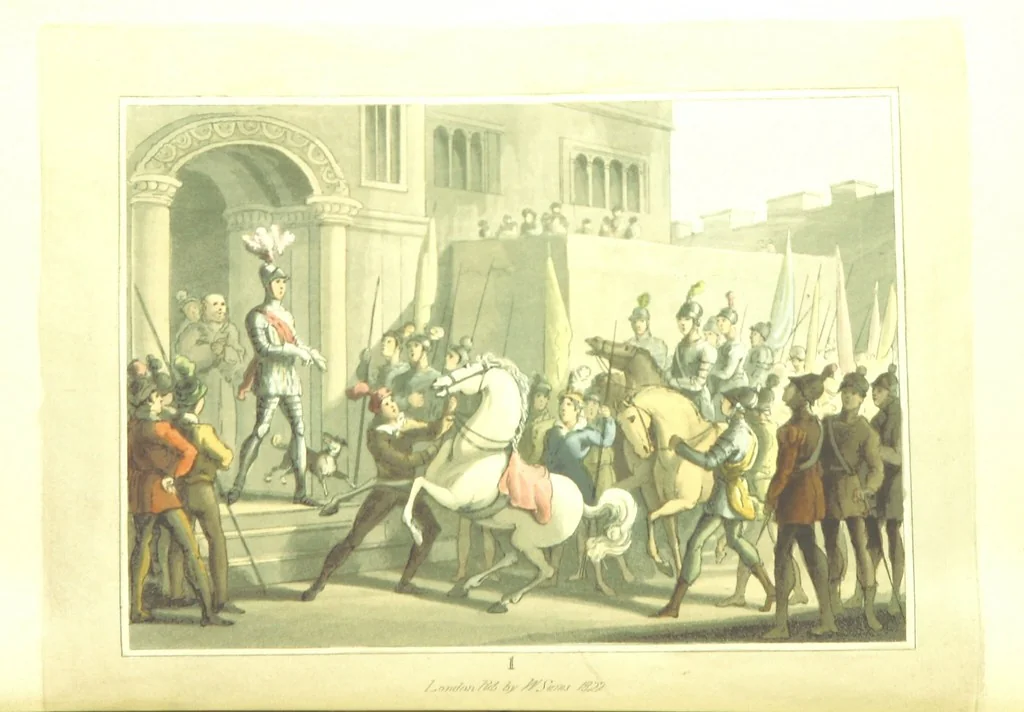 An illustration from The Tournament: or, Days of Chivalry. [A poem.] With ... engravings, 1823, leaf 12