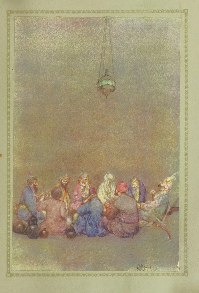 An illustration from Rubáiyát of Omar Khayyám. Presented by Willy Pogány, 1913, leaf 87