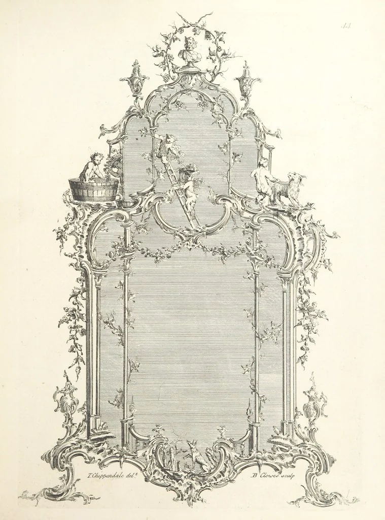 An illustration from Old English and French ornaments; comprising 244 Designs ... by Chippendale, I. Jones, Johnson, Lock, and Pether ... Collected and republished by J. W, 1858, leaf 105