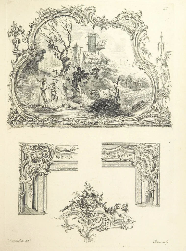 An illustration from Old English and French ornaments; comprising 244 Designs ... by Chippendale, I. Jones, Johnson, Lock, and Pether ... Collected and republished by J. W, 1858, leaf 109