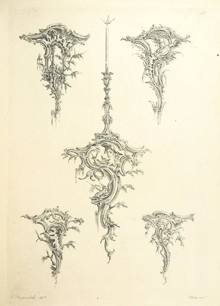 An illustration from Old English and French ornaments; comprising 244 Designs ... by Chippendale, I. Jones, Johnson, Lock, and Pether ... Collected and republished by J. W, 1858, leaf 117