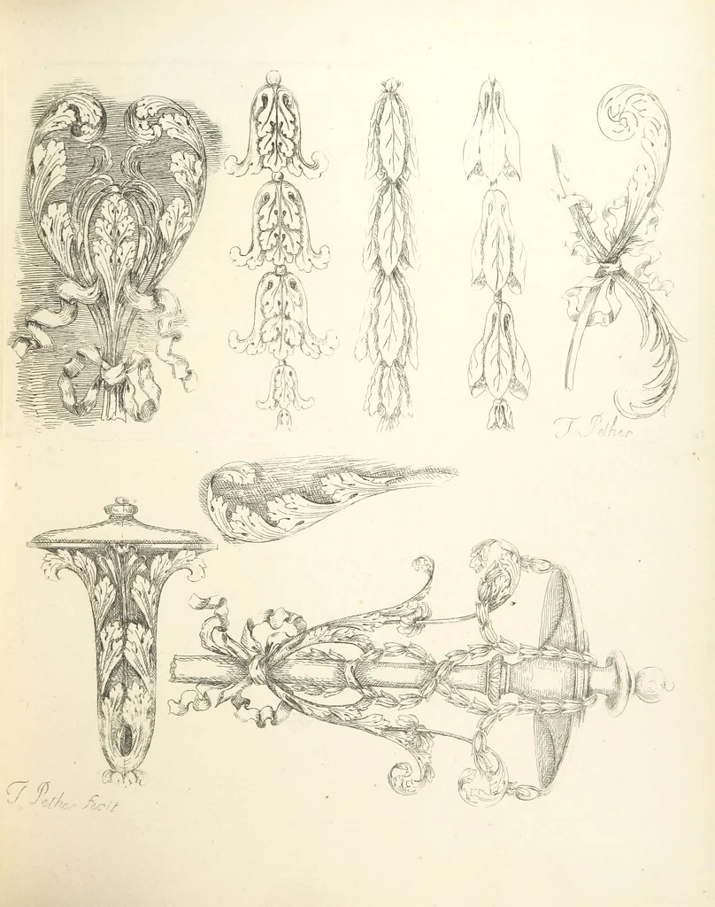 An illustration from Old English and French ornaments; comprising 244 Designs ... by Chippendale, I. Jones, Johnson, Lock, and Pether ... Collected and republished by J. W, 1858, leaf 149