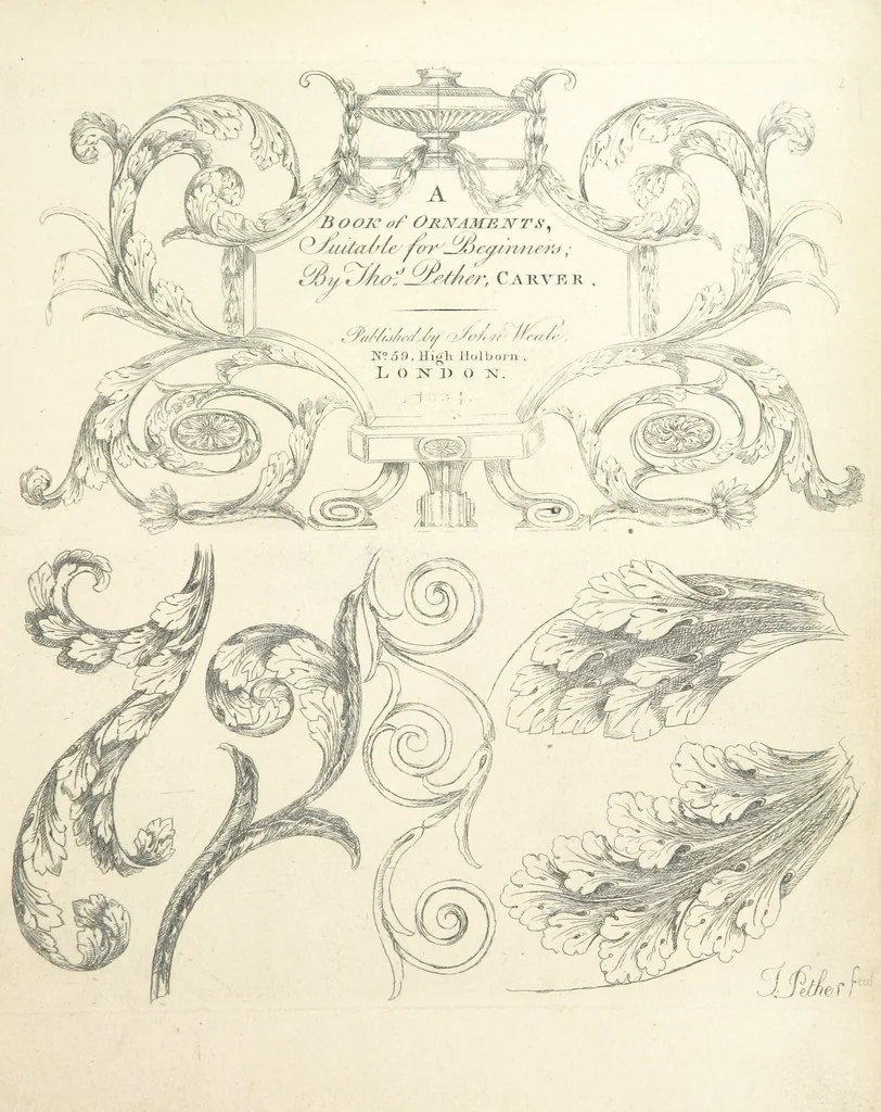 An illustration from Old English and French ornaments; comprising 244 Designs ... by Chippendale, I. Jones, Johnson, Lock, and Pether ... Collected and republished by J. W, 1858, leaf 15