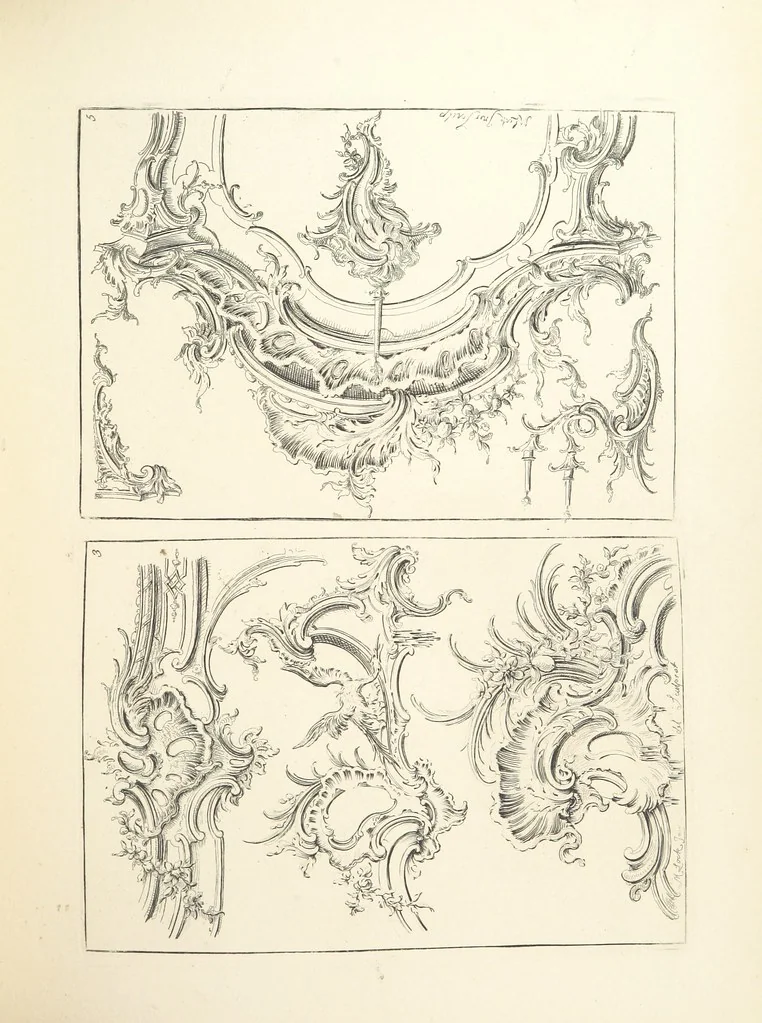 An illustration from Old English and French ornaments; comprising 244 Designs ... by Chippendale, I. Jones, Johnson, Lock, and Pether ... Collected and republished by J. W, 1858, leaf 155