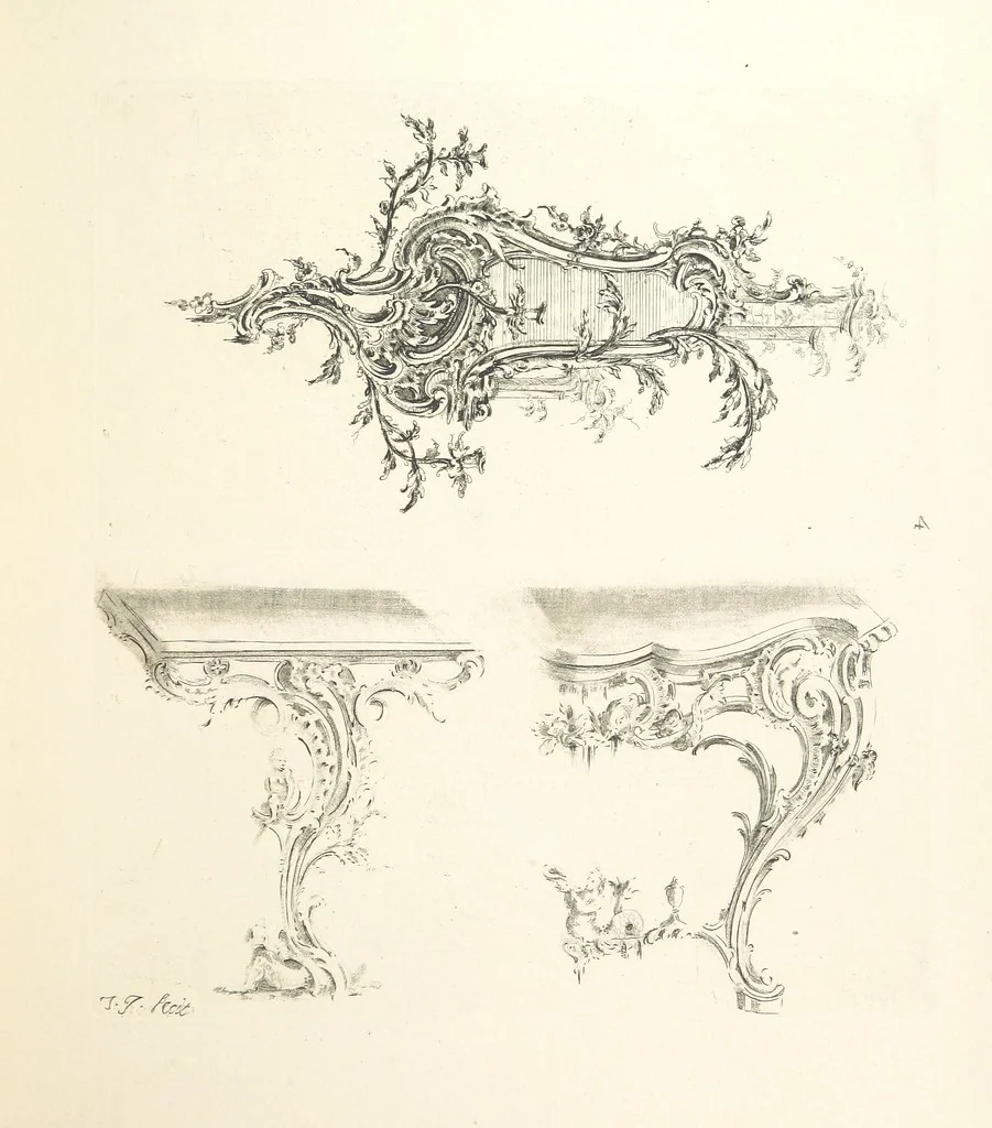 An illustration from Old English and French ornaments; comprising 244 Designs ... by Chippendale, I. Jones, Johnson, Lock, and Pether ... Collected and republished by J. W, 1858, leaf 157