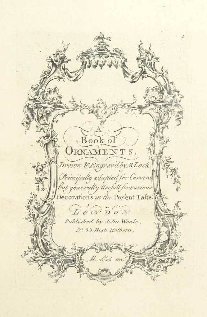 An illustration from Old English and French ornaments; comprising 244 Designs ... by Chippendale, I. Jones, Johnson, Lock, and Pether ... Collected and republished by J. W, 1858, leaf 17