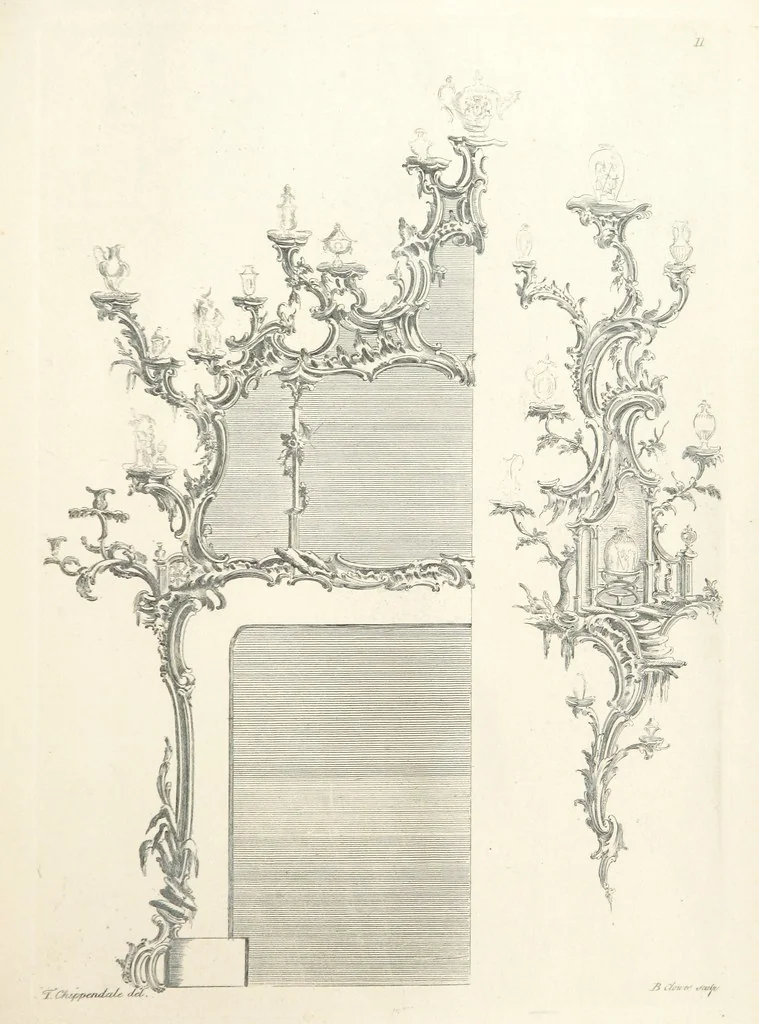 An illustration from Old English and French ornaments; comprising 244 Designs ... by Chippendale, I. Jones, Johnson, Lock, and Pether ... Collected and republished by J. W, 1858, leaf 221
