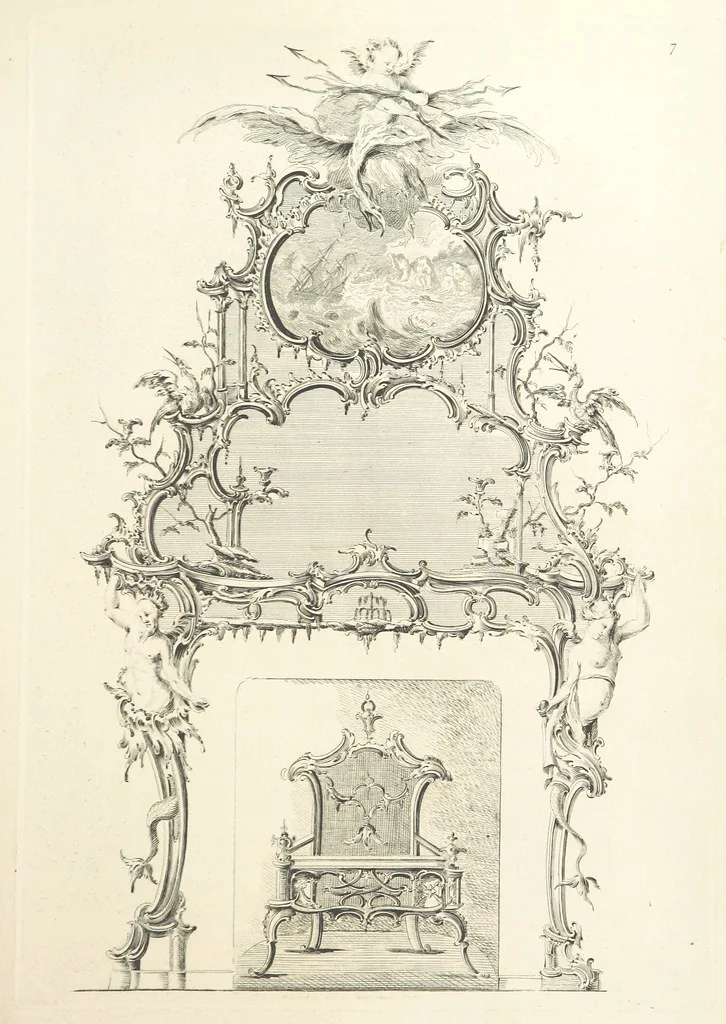 An illustration from Old English and French ornaments; comprising 244 Designs ... by Chippendale, I. Jones, Johnson, Lock, and Pether ... Collected and republished by J. W, 1858, leaf 31