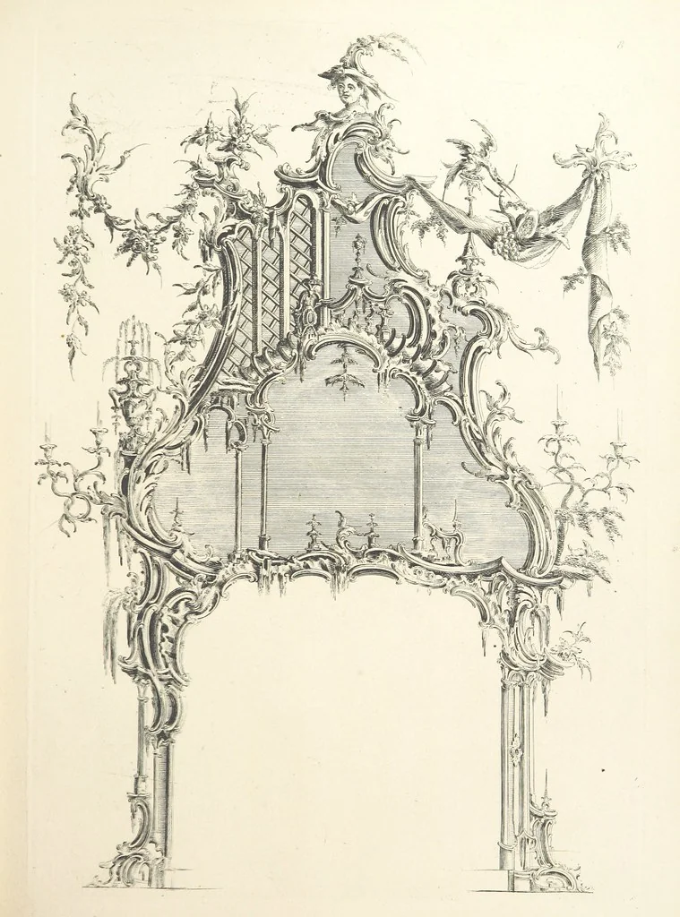 An illustration from Old English and French ornaments; comprising 244 Designs ... by Chippendale, I. Jones, Johnson, Lock, and Pether ... Collected and republished by J. W, 1858, leaf 33