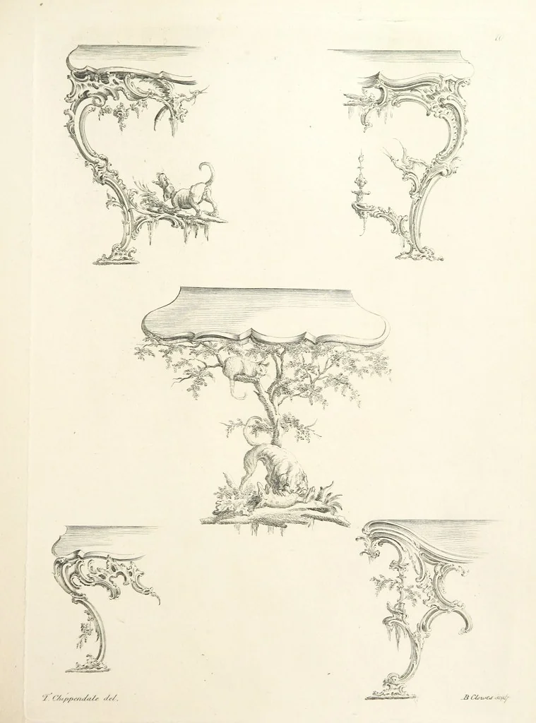 An illustration from Old English and French ornaments; comprising 244 Designs ... by Chippendale, I. Jones, Johnson, Lock, and Pether ... Collected and republished by J. W, 1858, leaf 37