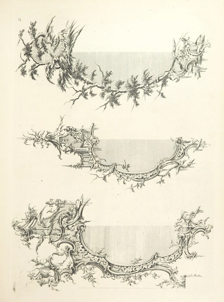 An illustration from Old English and French ornaments; comprising 244 Designs ... by Chippendale, I. Jones, Johnson, Lock, and Pether ... Collected and republished by J. W, 1858, leaf 39
