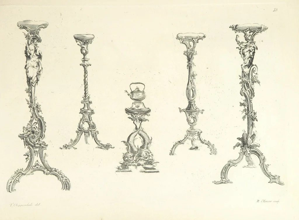 An illustration from Old English and French ornaments; comprising 244 Designs ... by Chippendale, I. Jones, Johnson, Lock, and Pether ... Collected and republished by J. W, 1858, leaf 43