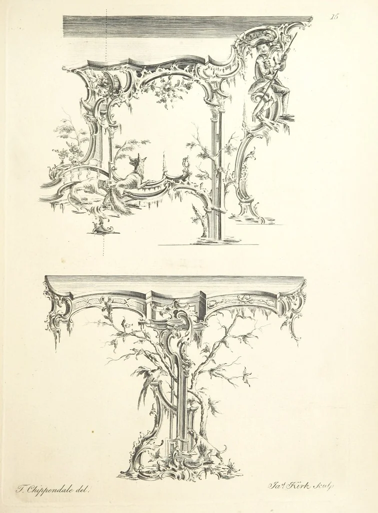 An illustration from Old English and French ornaments; comprising 244 Designs ... by Chippendale, I. Jones, Johnson, Lock, and Pether ... Collected and republished by J. W, 1858, leaf 47