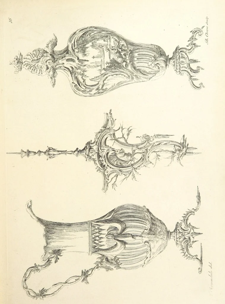 An illustration from Old English and French ornaments; comprising 244 Designs ... by Chippendale, I. Jones, Johnson, Lock, and Pether ... Collected and republished by J. W, 1858, leaf 49