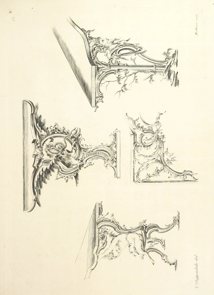 An illustration from Old English and French ornaments; comprising 244 Designs ... by Chippendale, I. Jones, Johnson, Lock, and Pether ... Collected and republished by J. W, 1858, leaf 63
