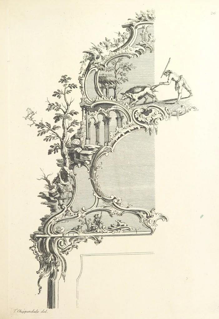An illustration from Old English and French ornaments; comprising 244 Designs ... by Chippendale, I. Jones, Johnson, Lock, and Pether ... Collected and republished by J. W, 1858, leaf 69